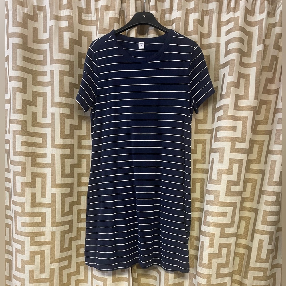 Navy blue and white striped T-shirt dress.